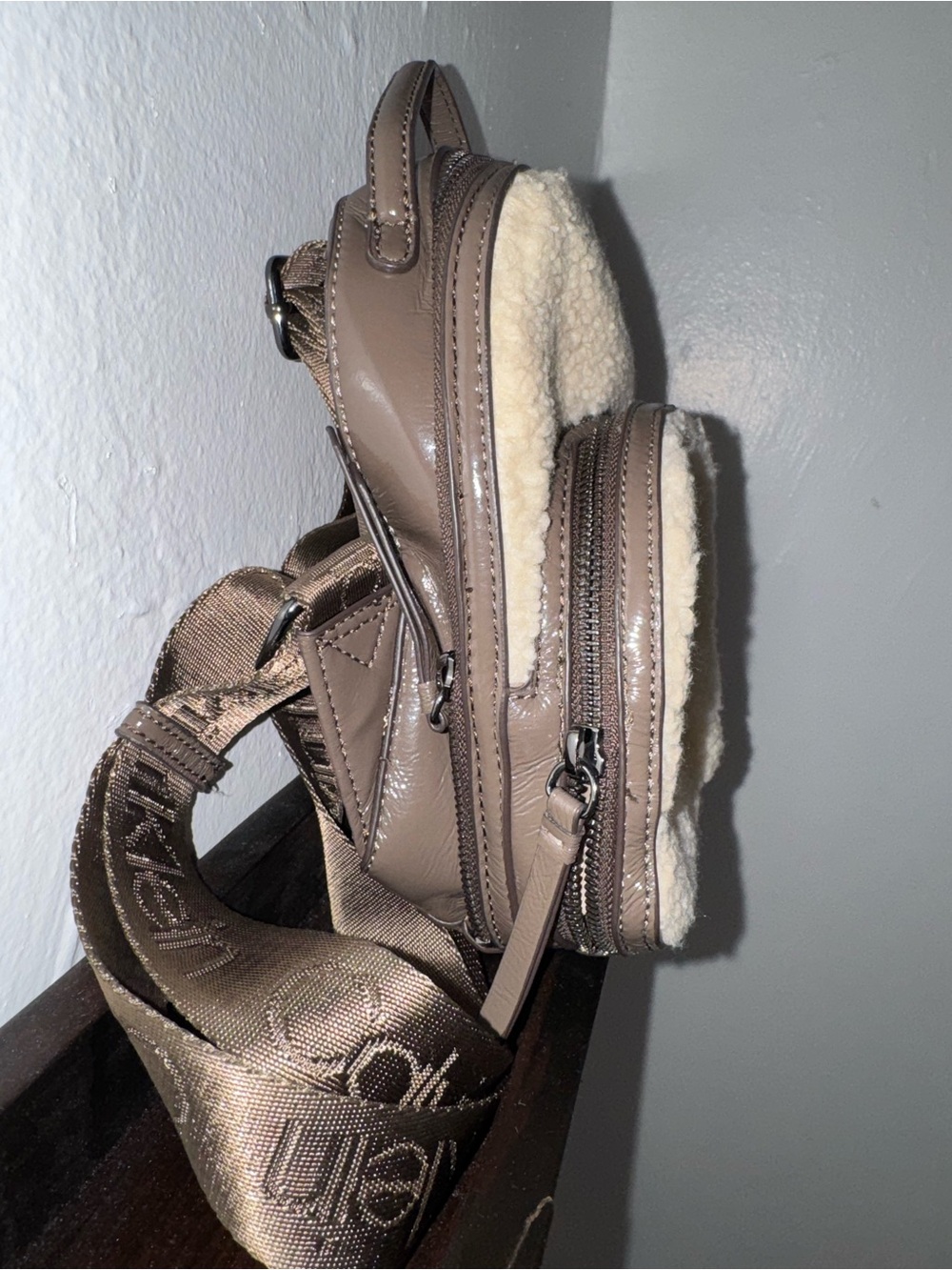 Calvin Klein Cream Sherpa Mini Backpack with Brown Trim - Picture 3 of 8